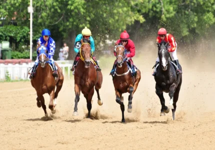 A close-up of Earth from space with clear views of the continents, set against a dark, starry background. Next to it, a group of horses with jockeys in colorful outfits are racing on a track, showing a burst of action on our calm planet.