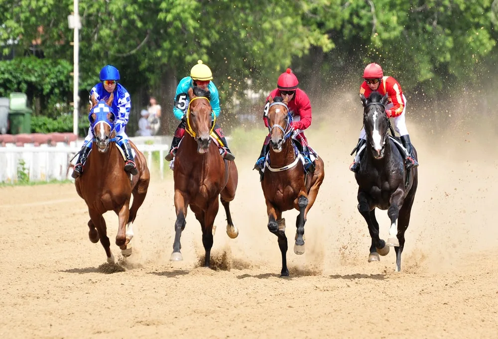 A close-up of Earth from space with clear views of the continents, set against a dark, starry background. Next to it, a group of horses with jockeys in colorful outfits are racing on a track, showing a burst of action on our calm planet.