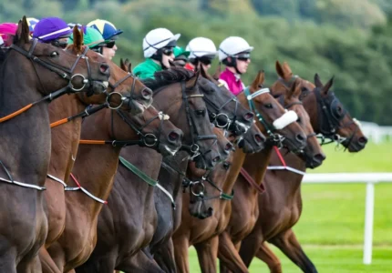 A crowd in vintage clothing watches a horse race at a packed racecourse, with focused and animated expressions, and horses galloping in the background