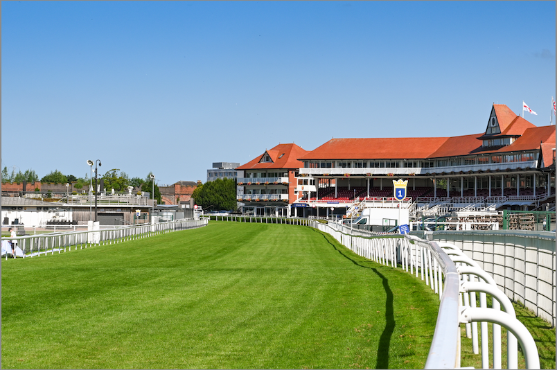 Jockeys clad in racing silks riding their thoroughbreds competing on a Chester race track with lush greenery in the background.