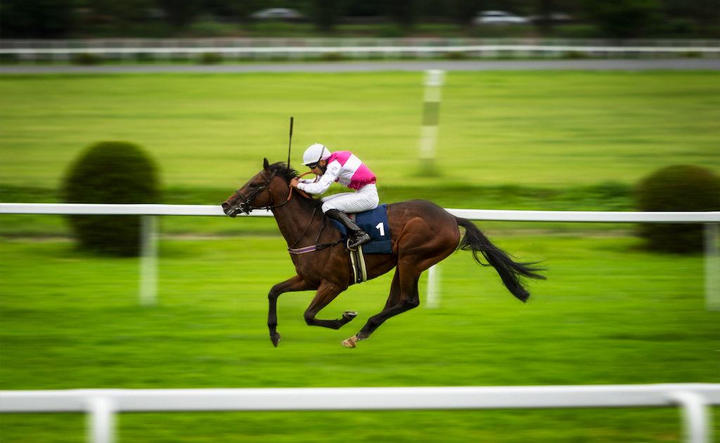 Jockey in pink and white silks riding a number 1 brown racehorse at full speed on a racetrack, showcasing motion blur effect.